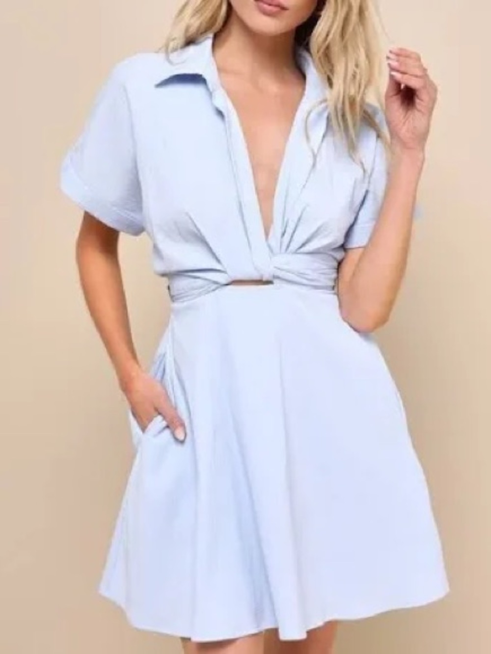 Lulu's Pastel Blue Tie-Front Short Sleeve Mini Dress